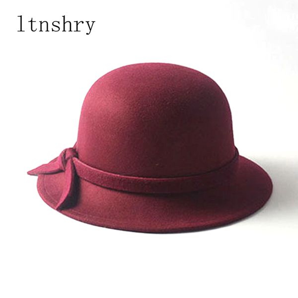 

2019 new fall winter fashion warm wool felt women's fedoras hats bow bucket cap hat not deformed fedoras caps for women, Blue;gray