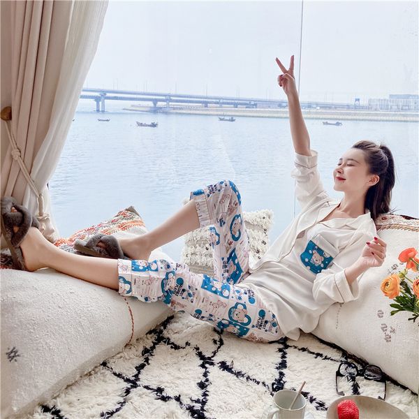 

women's silk pajamas set spring luxury cartoon print pyjamas korean style shirts&pants 2pcs sleepwear homewear, Black;red
