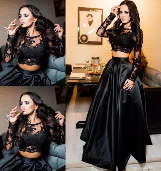 

две штуки черные кружевные платья выпускного вечера 2020 сексуальные складки длиной до пола a-line с длинным рукавом атласные вечерние плать, Black