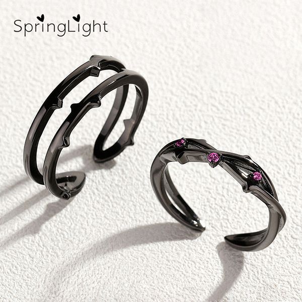 

springlight unique thorns rose zircon black ring real 925 sterling silver fine jewelry adjustable couple rings for women gift, Golden;silver