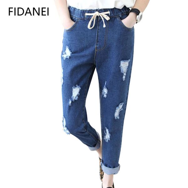

modis new summer boyfriend style blue students hole jeans casual was thin lace-up jeans female ankle-length pants vaqueros mujer