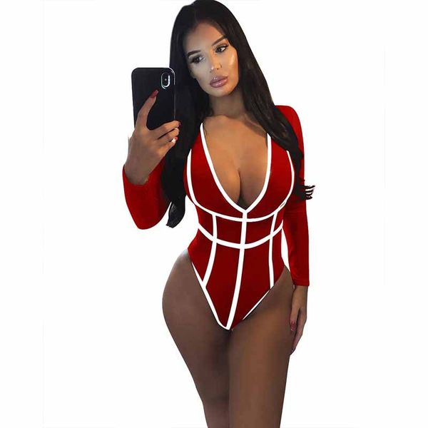 

v-neck women playsuits long sleeve night club wear female jumpsuit skinny patchwork lady bodysuit, Black;white