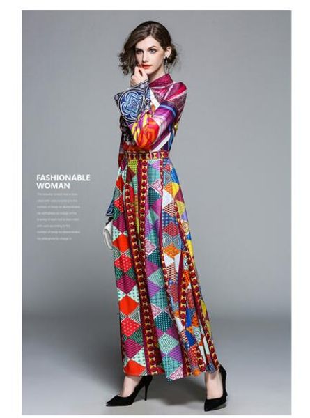 

european station spring new women's printing long-sleeved dress temperament european and american dress trumpet sleeve pleated skirt, Black;gray