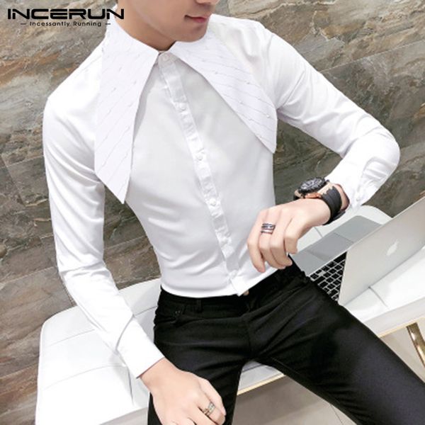 

incerun fashion men dress shirt solid color casual lapel brand clubwear blouse 2019 long sleeve korean social men wedding shirts, White;black