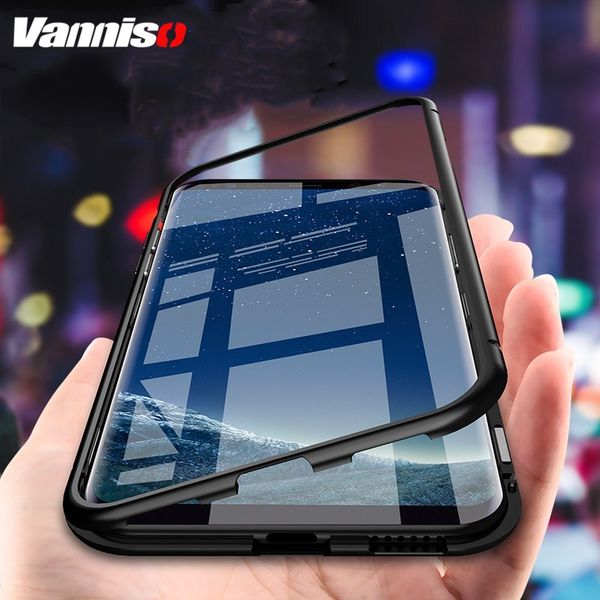 

Metal Magnetic Case For Samsung S9 G9600 S8 S9+ Tempered Glass Adsorption Flip cases for iphone XS max XR Galaxy Note9 8 S7 Edge
