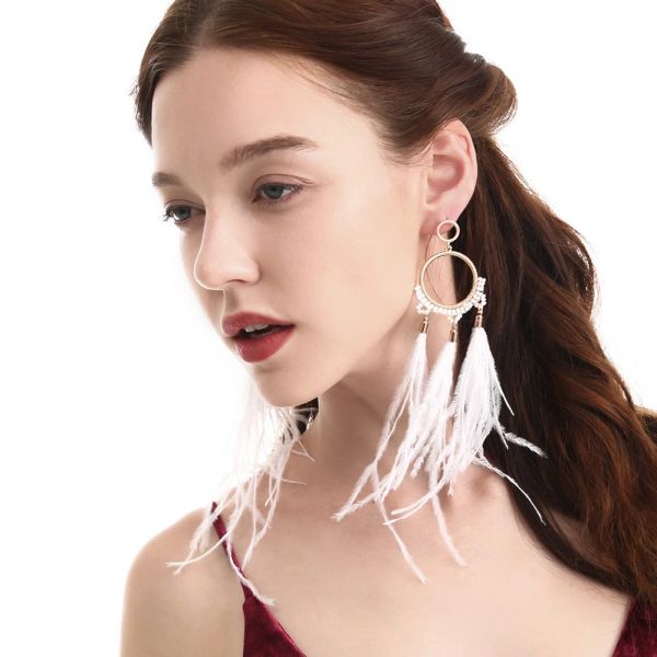 

2020 new statement original real natural ostrich feather circle beads tassel earring handmade fashion women jewelry gift with box, Silver