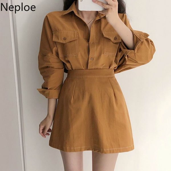 

two piece dress neploe korean chic 2 sets womens outfits long sleeve pockets blouse + high wiast a-line skirts 2021 fashion suit 4a479, White