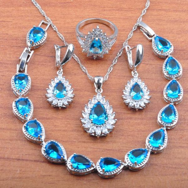 

bridal jewelry set water drop sky blue cubic zirconia silver color jewelry earrings necklace pendant rings bracelet set js0393