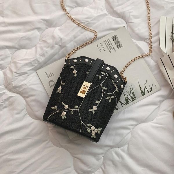

38# women beach lace embroid straw bucket bag burlap square bag travel messenger 2020 summer beach bags for women
