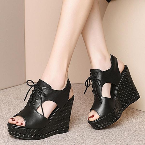 

doratasia new genuine leather girl fashion rivet platform sandals wedges high heels sandals women party shoes woman, Black