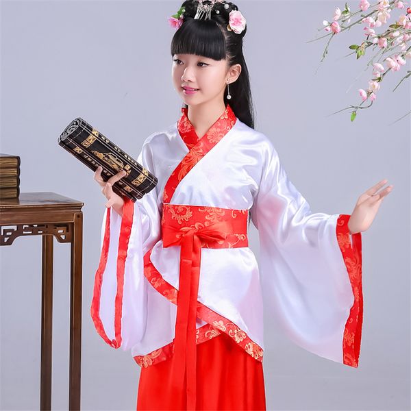 

children chinese traditional dance performance costumes new year woman stage print tang suit retro party hanfu for girls, Black;red