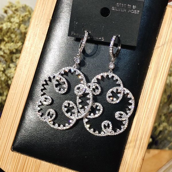 

super glittering new fashion luxury designer beautiful diamond zircon vintage flower drop pendant stud earrings for woman silver pin, Golden;silver