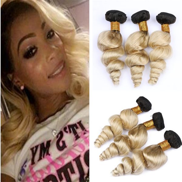 1b 613 Blonde Ombre Wavy Human Hair Weave Bundles 300g Loose Wave