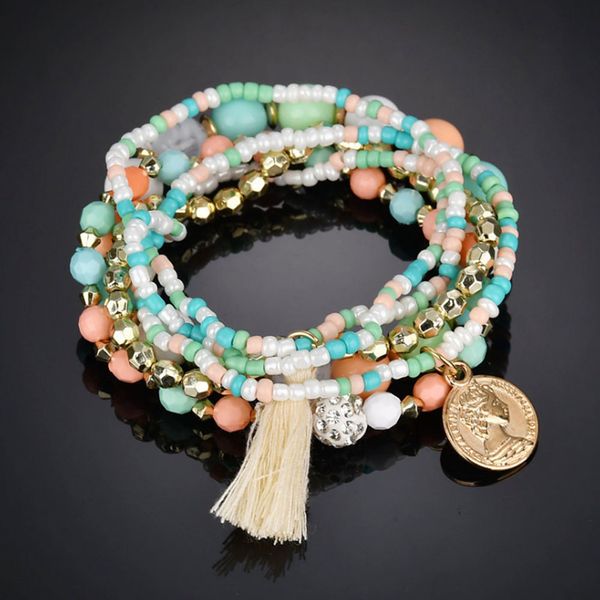 

multicolor tassel crystal bead bracelet multilayer coin bracelets for women 2018 new accessories punk pulseira gift, Black