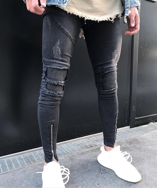 

fashion stretch casual mens jeans skinny jeans 2019 new straight mens gray snowflake hole pleated denim pencil pants g3p2, Blue