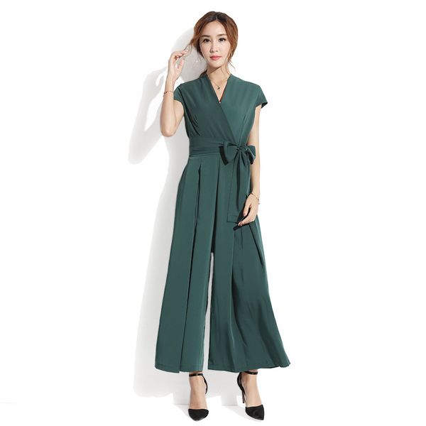 

women summer jumpsuits rompers short sleeve v neck casual sashes playsuit overalls ladies elegan wide leg pants loose jumpsuit, Black;white