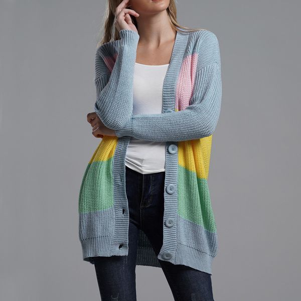 

2019 new arrival women sweater fashion stripe rainbow loose knitted plus size cardigan sweater women winter clothes pull femme, White