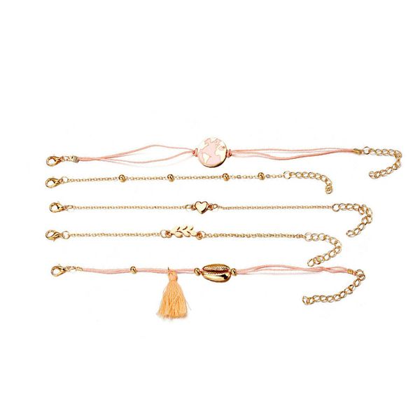 

5pcs/set fashion women boho pink orange drop oil heart map shell tassel beads bracelet bangle jewelry, Black