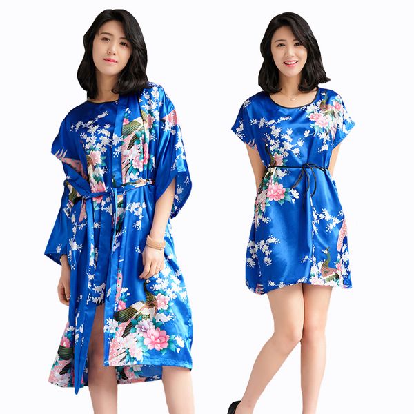 

flower&peacock kimono bathrobe summer lady 2pcs sleepwear rayon night&robe home wear bride bridesmaid wedding robe set, Black;red