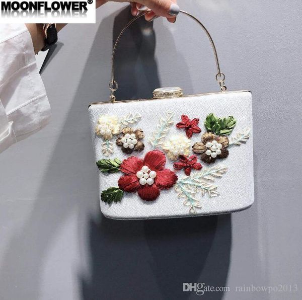 

outlet brand women handbag sweet embroidery holding dinner bags 3d flowers pearl hard box chain bags shiny embroidered diamond handbag
