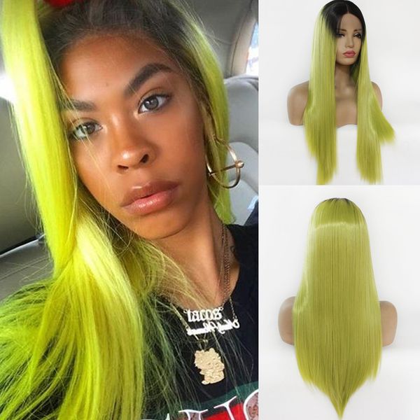 

straight hair wig glueless lace front wigs with natural hairline ombre yellow-green heat resistant synthetic wig for women daily cosplay wig