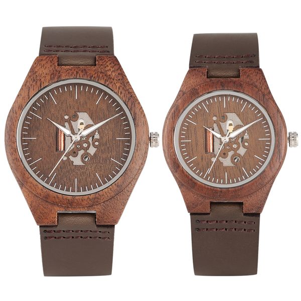 

lovers gifts walnut wood watch retro stripe men's skeleton hollow dial luxury leather band creative wooden watches for men women, Slivery;brown