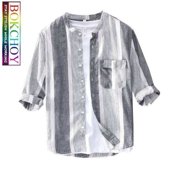 

men linen shirt stripe casual shirt thin section breathable men autumn striped long sleeve collarless, White;black