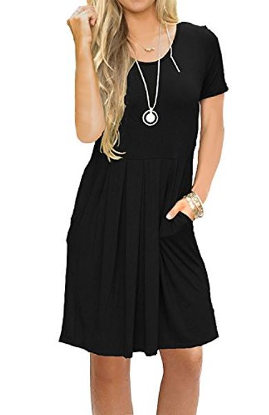 

women's short sleeve loose swing casual t shirt dress with pockets pleated knee length dress, Black;gray