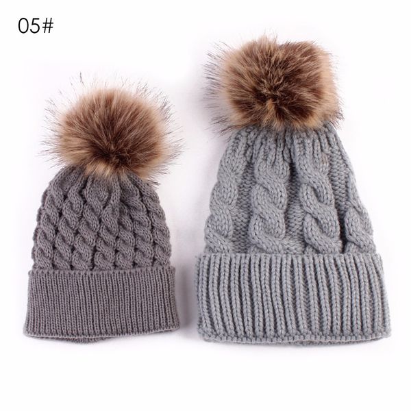 

puseky 2 pcs mother kids child baby warm winter knit beanie fur pom hat crochet ski cap cute, Yellow