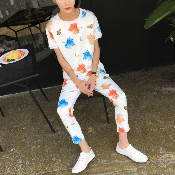 

summer short sleeve round neck print floral sets for men korean slim fit casula trousers set fashion male clothing, Gray
