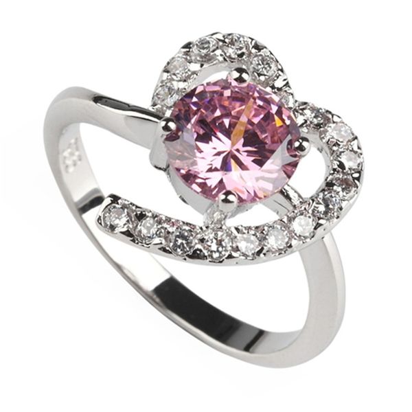 

shunxunze sell engagement wedding heart rings for women pink cubic zirconia accessories dropshipping rhodium plated r558 size 6 7 8 9, Silver