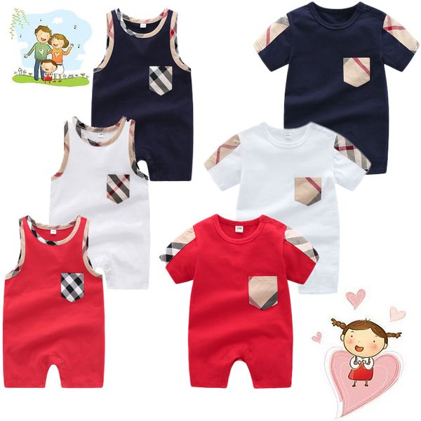

summer baby kids infant boy designer clothes boys girls plaid o-neck short sleeve sleeveless jumpsuits cotton romper clothingaa19137, Blue