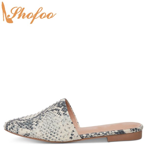 

snake skin embossed women mules outside slippers shoes low chunky heels rivet big size 13 16 lady fashion loafers mature shofoo, Black