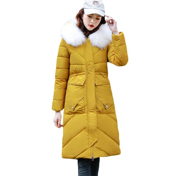 

новые женщины повседневная толстые теплый вниз хлопка куртки зимние куртки ветровки женщин длинный с капюшоном меховой воротник хлопка куртк, Black