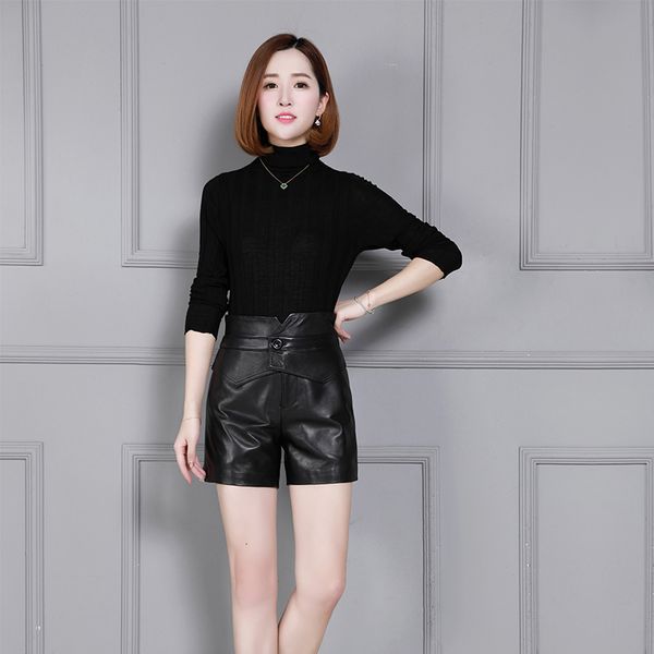

new brand women genuine leather sheepskin shorts slim fit wrap real leather solid black high waist streetweat sashes lady shorts, White;black