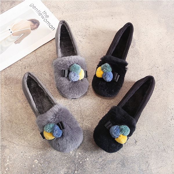 

woman cotton warm shoes furry ball plush slip on moccasins hair casual round toe loafers comfy brief winter ladies flats, Black