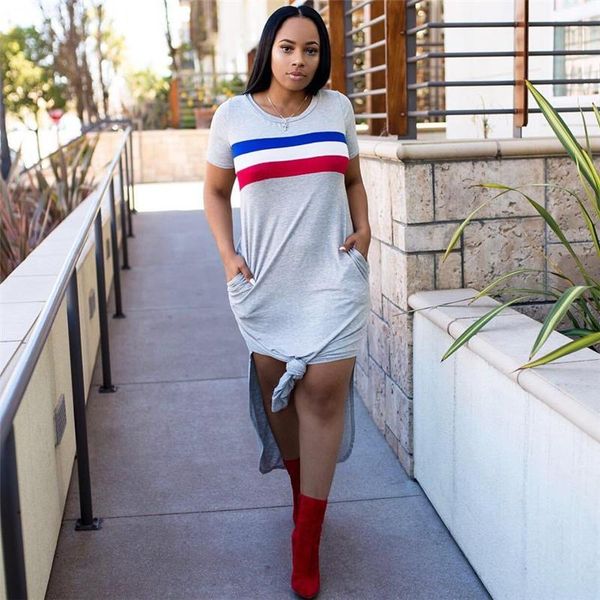 

новые полосатая печать womens конструктора платье crew neck твердая летние платья карандаша повседневная мода женщина одежда, Black;gray