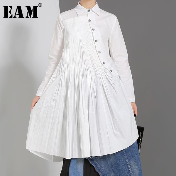 

eam] women oblique pleated asymmetrical blouse new lapel long sleeve loose fit split shirt fashion spring autumn 2019 jz530, White