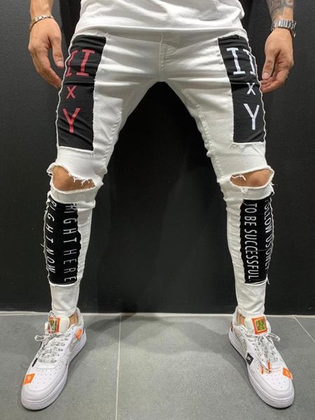 

white words patched jean streetwear knee cutting denim jeans, Blue