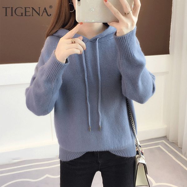 

tigena knitted hooded pullover sweater women 2019 autumn winter korean cute long sleeve sweater female school jumper women blue, White;black