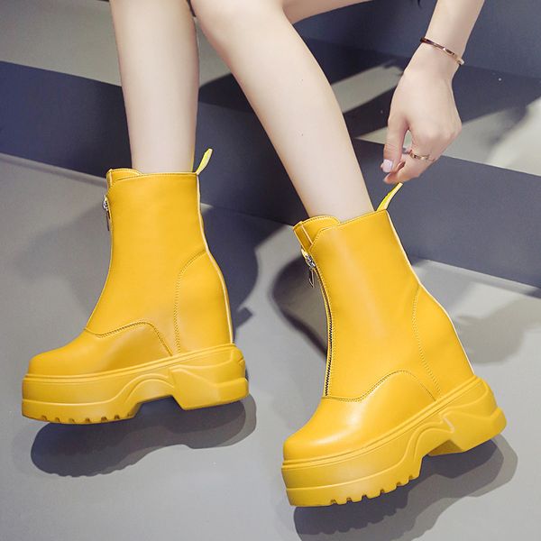 

dijigirls 10cm high heels platform boots colorful fashion women boots ankle yellow pink white wedges autumn, Black