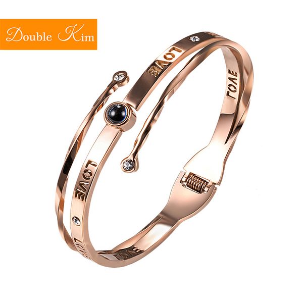 

100 languages i love you projection bracelet titanium stainless steel material bangles rose gold color women fine trendy jewelry, Golden;silver