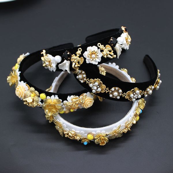 

baroque beauty head pearl flower headband retro luxury palace geometric headband bee portrait iron flower pearls headband 902, Golden;white