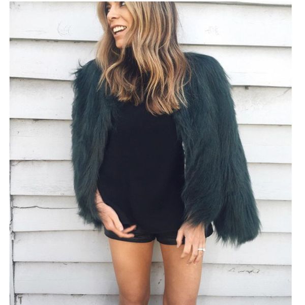 

2017 winter coat women fur coat green fashion plus size slim faux fur jacket streetwear manteau fourrure femme fake coats, Black