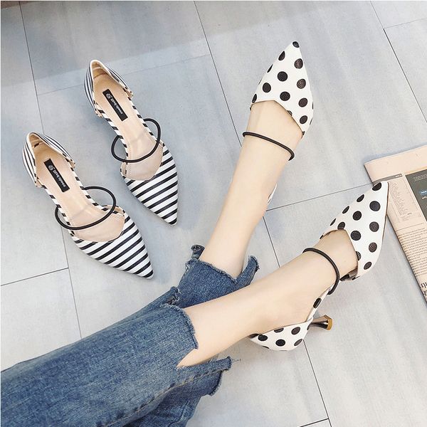

summer polka dot women stiletto sandals pointed toe stripe 6cm high thin heel ladies comfortable shoes female shallow mouth, Black