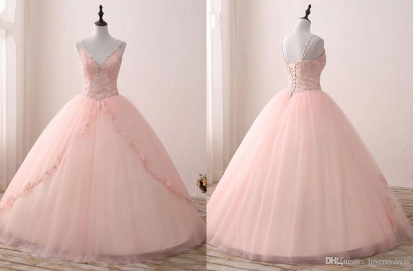 

2019 v neck blush applique lace with champagne satin quinceanera dress ball gowns prom with straps beaded corset back sweet 15 girls party, Blue;red