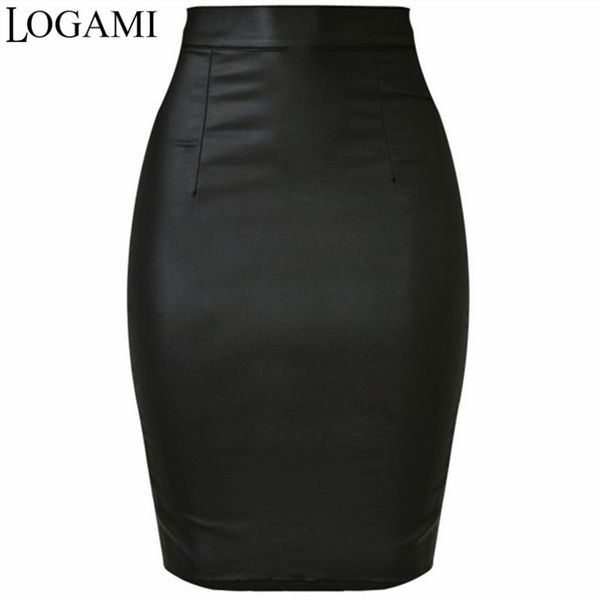 

logami women faux leather skirt pencil high waist skirts womens skirt black midi saia couro jupe simili cuir