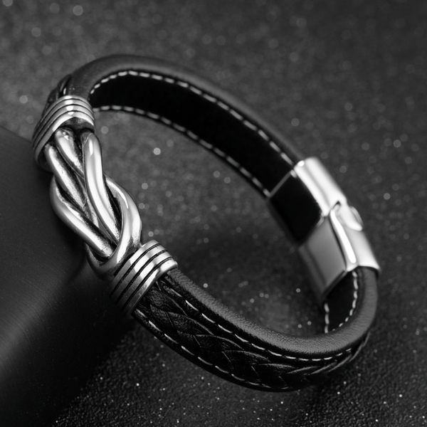 

queen66 2020 уникальный узел форма натуральная кожа мужские браслеты белый стежок линия дизайн магнит пряжка мужской обернуть подарок партии, Black