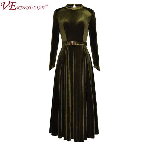 

european fashion spring dresses 2019 fashion long sleeve slim dark green velvet belt women mesh ladies popular dress, Black;gray