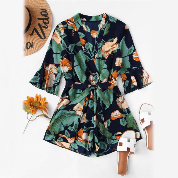 

fluted sleeve floral print surplice romper with belt women summer vocation three quarter floral v neck romper, Black;white